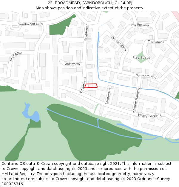 23, BROADMEAD, FARNBOROUGH, GU14 0RJ: Location map and indicative extent of plot