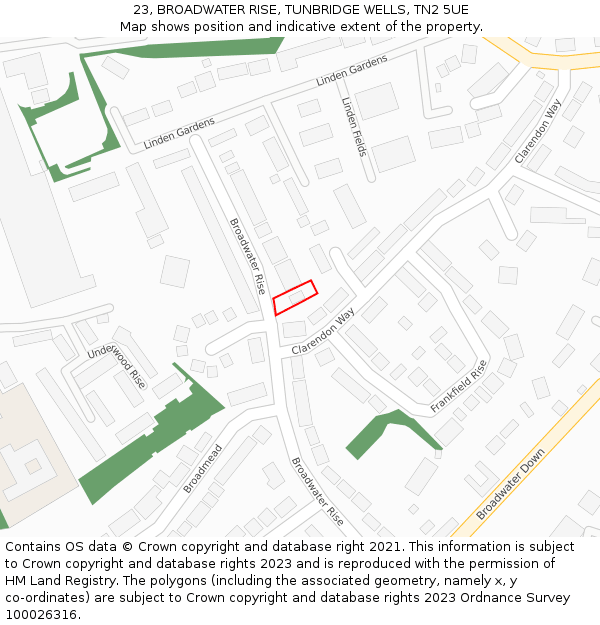 23, BROADWATER RISE, TUNBRIDGE WELLS, TN2 5UE: Location map and indicative extent of plot