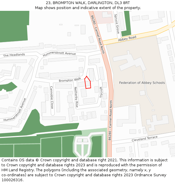 23, BROMPTON WALK, DARLINGTON, DL3 8RT: Location map and indicative extent of plot