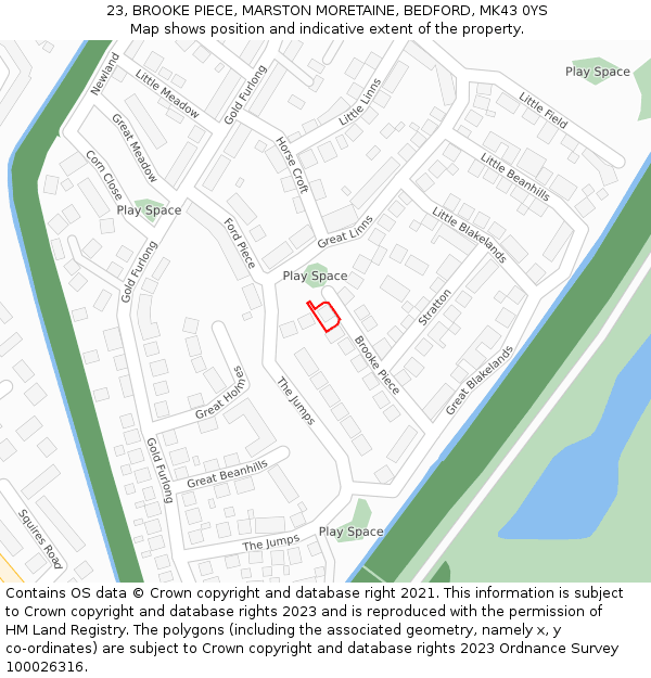 23, BROOKE PIECE, MARSTON MORETAINE, BEDFORD, MK43 0YS: Location map and indicative extent of plot
