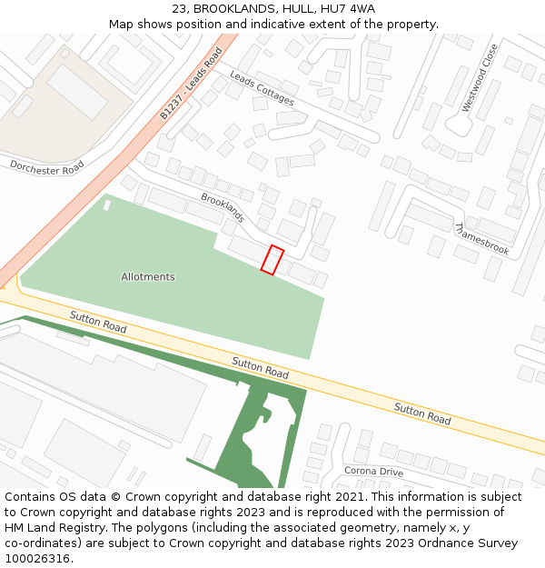 23, BROOKLANDS, HULL, HU7 4WA: Location map and indicative extent of plot