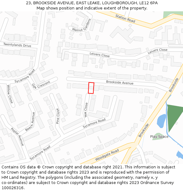 23, BROOKSIDE AVENUE, EAST LEAKE, LOUGHBOROUGH, LE12 6PA: Location map and indicative extent of plot