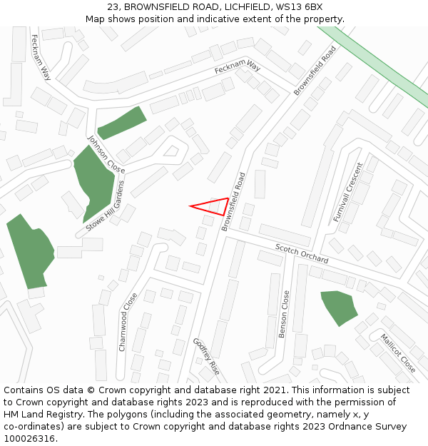 23, BROWNSFIELD ROAD, LICHFIELD, WS13 6BX: Location map and indicative extent of plot