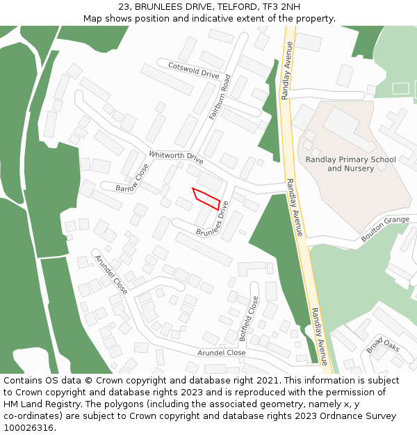 23, BRUNLEES DRIVE, TELFORD, TF3 2NH: Location map and indicative extent of plot