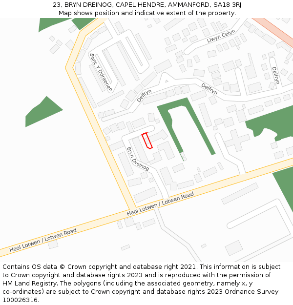 23, BRYN DREINOG, CAPEL HENDRE, AMMANFORD, SA18 3RJ: Location map and indicative extent of plot