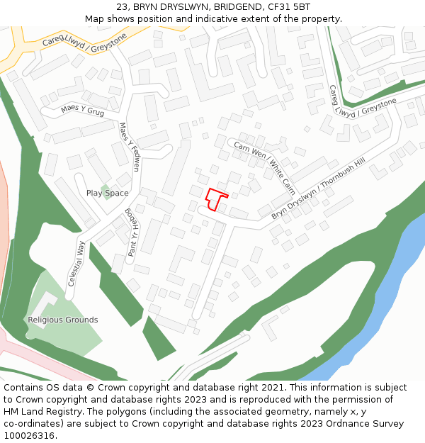 23, BRYN DRYSLWYN, BRIDGEND, CF31 5BT: Location map and indicative extent of plot