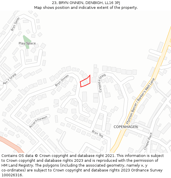 23, BRYN ONNEN, DENBIGH, LL16 3PJ: Location map and indicative extent of plot