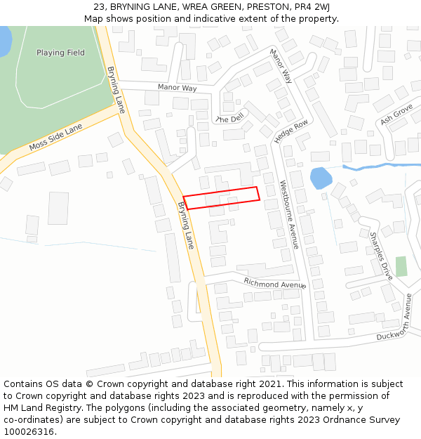 23, BRYNING LANE, WREA GREEN, PRESTON, PR4 2WJ: Location map and indicative extent of plot