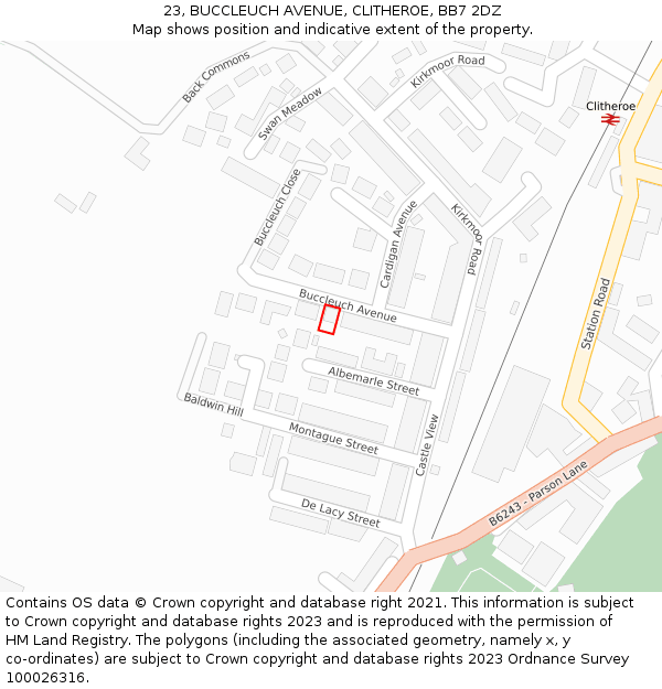 23, BUCCLEUCH AVENUE, CLITHEROE, BB7 2DZ: Location map and indicative extent of plot