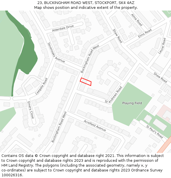 23, BUCKINGHAM ROAD WEST, STOCKPORT, SK4 4AZ: Location map and indicative extent of plot