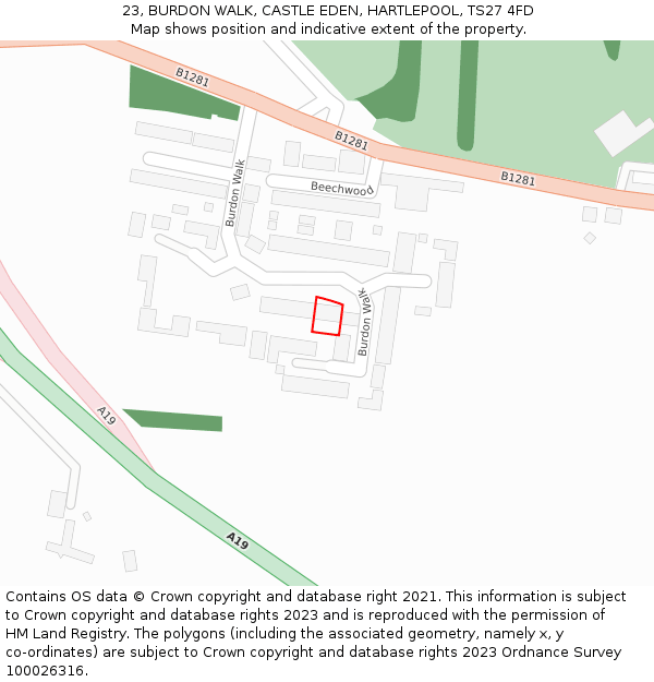 23, BURDON WALK, CASTLE EDEN, HARTLEPOOL, TS27 4FD: Location map and indicative extent of plot