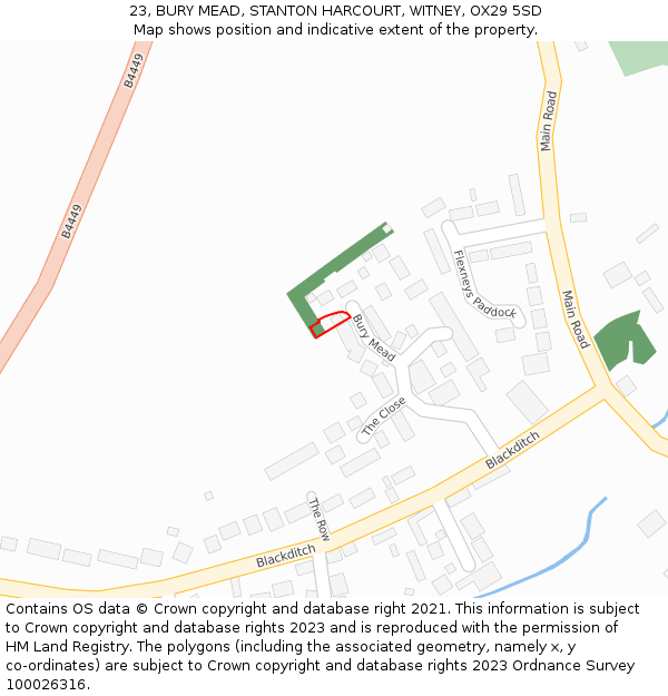 23, BURY MEAD, STANTON HARCOURT, WITNEY, OX29 5SD: Location map and indicative extent of plot