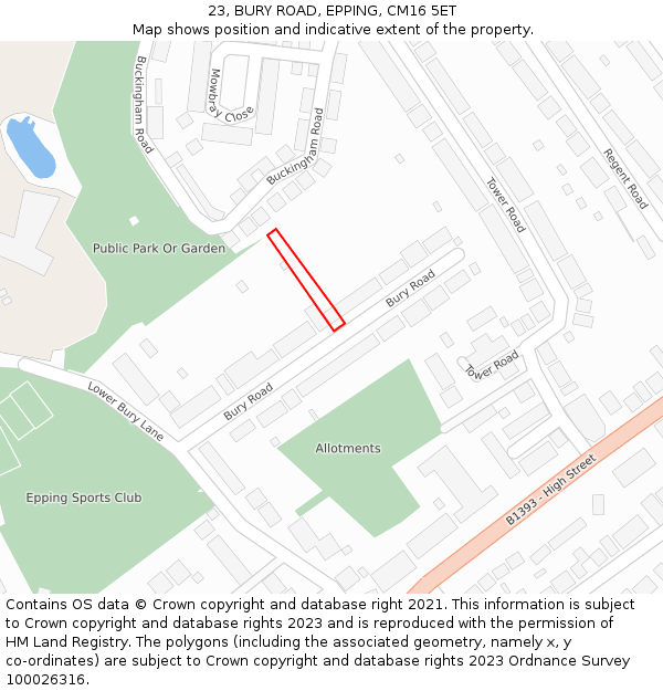 23, BURY ROAD, EPPING, CM16 5ET: Location map and indicative extent of plot