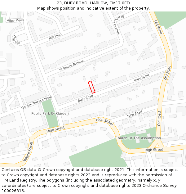 23, BURY ROAD, HARLOW, CM17 0ED: Location map and indicative extent of plot