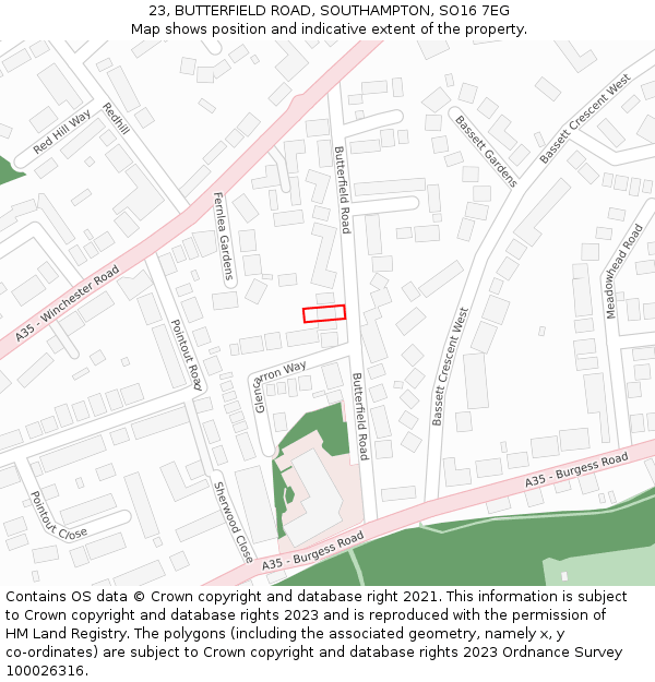 23, BUTTERFIELD ROAD, SOUTHAMPTON, SO16 7EG: Location map and indicative extent of plot