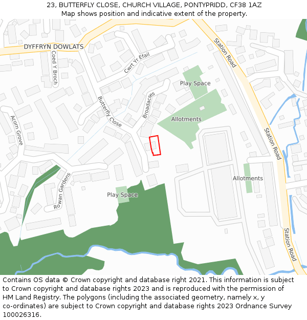 23, BUTTERFLY CLOSE, CHURCH VILLAGE, PONTYPRIDD, CF38 1AZ: Location map and indicative extent of plot