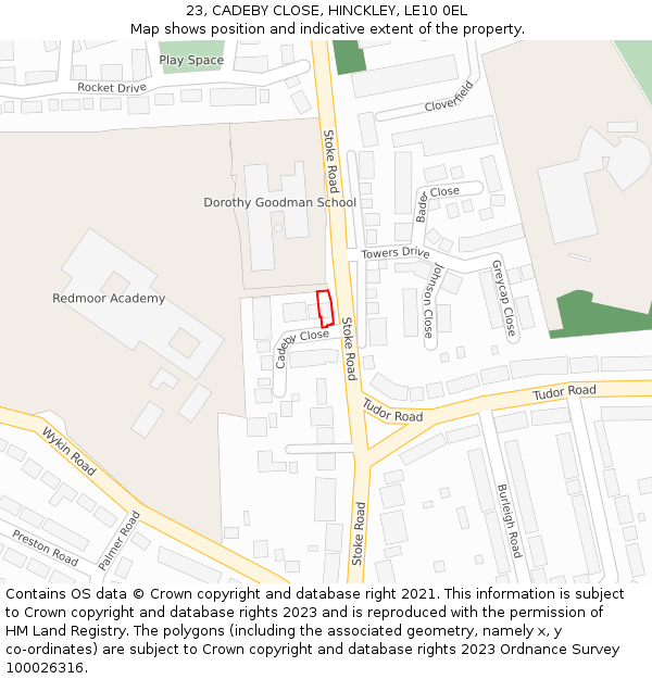 23, CADEBY CLOSE, HINCKLEY, LE10 0EL: Location map and indicative extent of plot