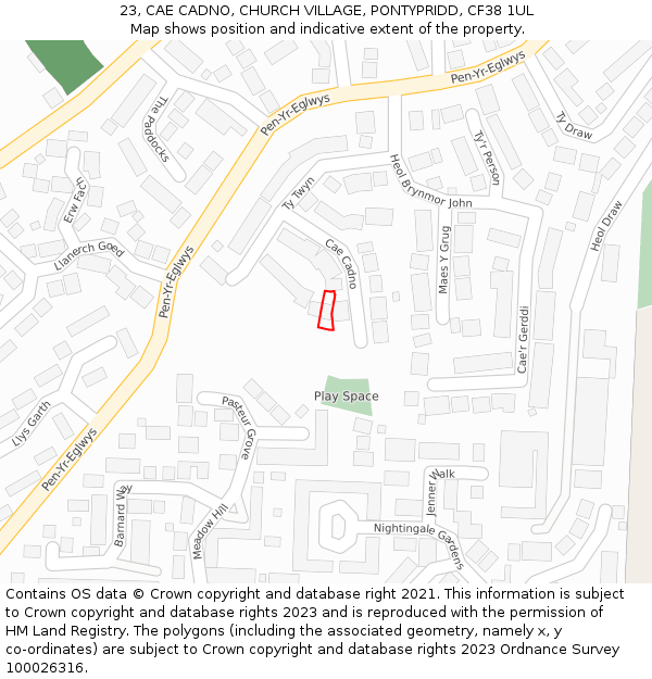 23, CAE CADNO, CHURCH VILLAGE, PONTYPRIDD, CF38 1UL: Location map and indicative extent of plot