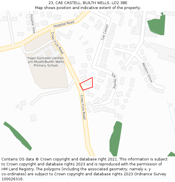 23, CAE CASTELL, BUILTH WELLS, LD2 3BE: Location map and indicative extent of plot