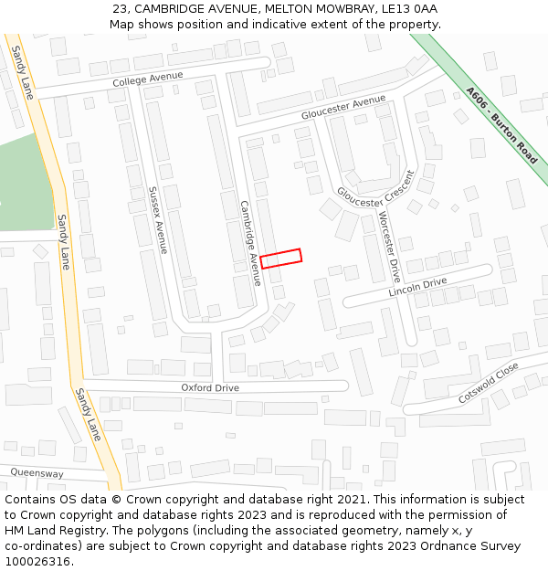 23, CAMBRIDGE AVENUE, MELTON MOWBRAY, LE13 0AA: Location map and indicative extent of plot