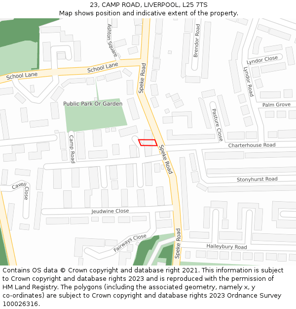 23, CAMP ROAD, LIVERPOOL, L25 7TS: Location map and indicative extent of plot