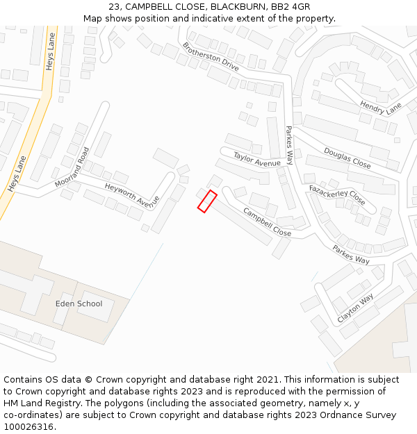 23, CAMPBELL CLOSE, BLACKBURN, BB2 4GR: Location map and indicative extent of plot