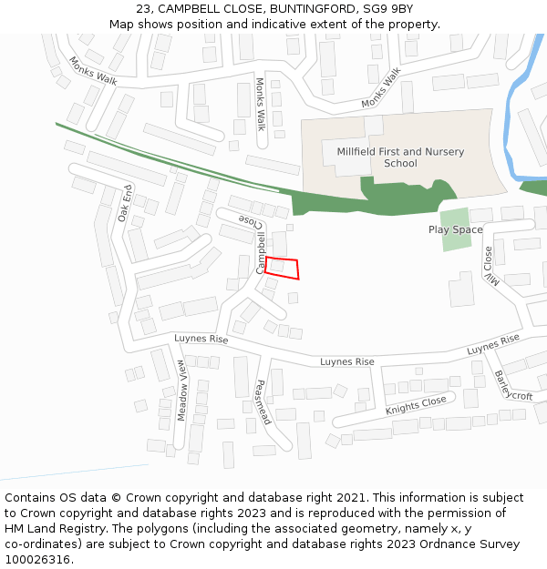 23, CAMPBELL CLOSE, BUNTINGFORD, SG9 9BY: Location map and indicative extent of plot