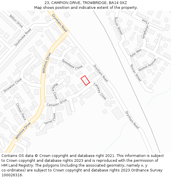 23, CAMPION DRIVE, TROWBRIDGE, BA14 0XZ: Location map and indicative extent of plot