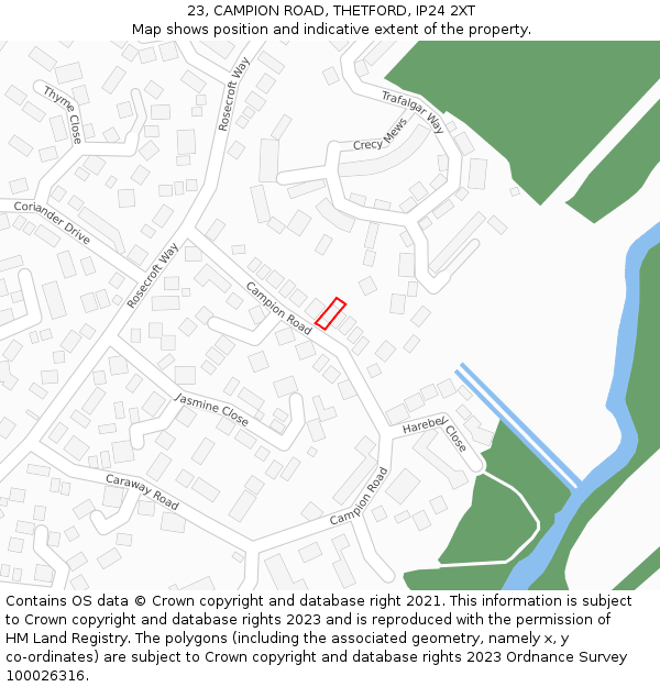 23, CAMPION ROAD, THETFORD, IP24 2XT: Location map and indicative extent of plot