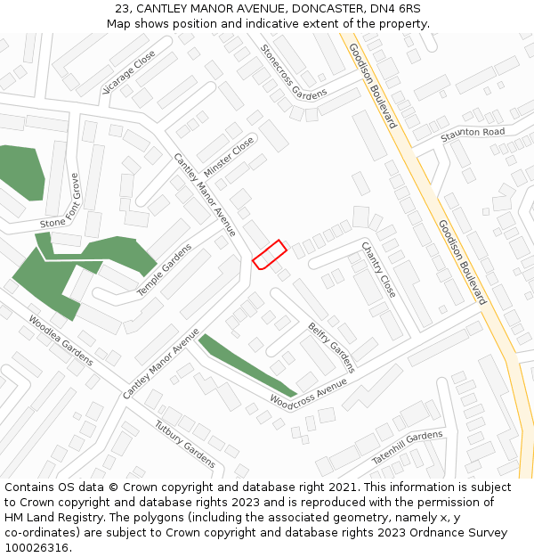 23, CANTLEY MANOR AVENUE, DONCASTER, DN4 6RS: Location map and indicative extent of plot