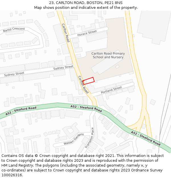 23, CARLTON ROAD, BOSTON, PE21 8NS: Location map and indicative extent of plot