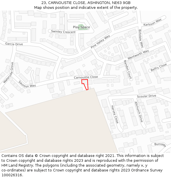 23, CARNOUSTIE CLOSE, ASHINGTON, NE63 9GB: Location map and indicative extent of plot