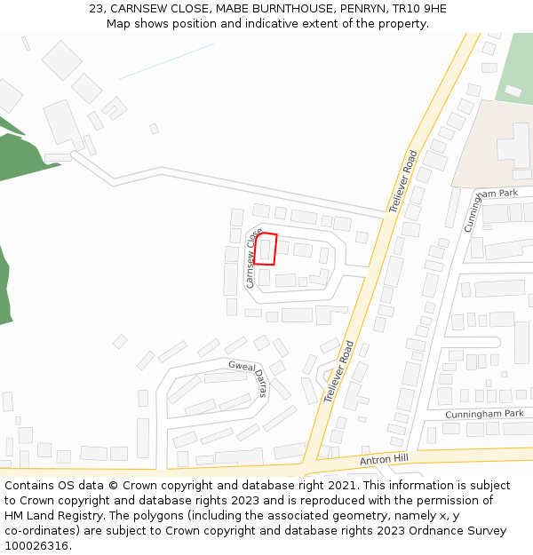 23, CARNSEW CLOSE, MABE BURNTHOUSE, PENRYN, TR10 9HE: Location map and indicative extent of plot