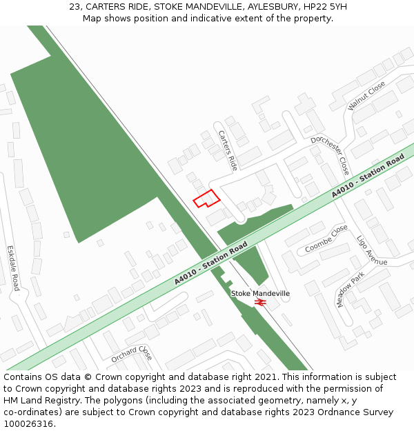 23, CARTERS RIDE, STOKE MANDEVILLE, AYLESBURY, HP22 5YH: Location map and indicative extent of plot