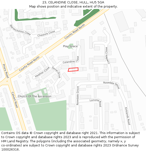 23, CELANDINE CLOSE, HULL, HU5 5GA: Location map and indicative extent of plot