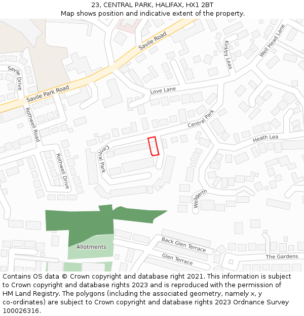 23, CENTRAL PARK, HALIFAX, HX1 2BT: Location map and indicative extent of plot