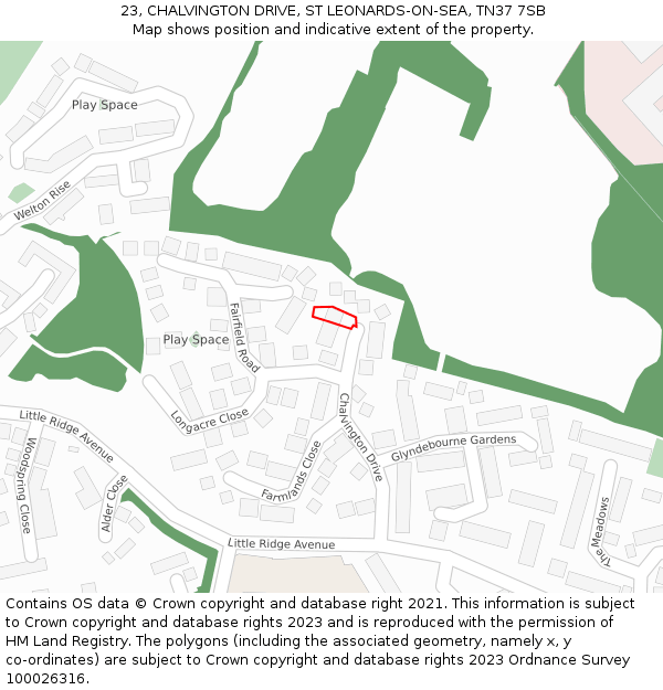 23, CHALVINGTON DRIVE, ST LEONARDS-ON-SEA, TN37 7SB: Location map and indicative extent of plot