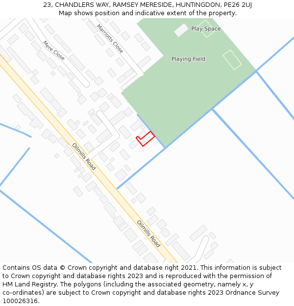 23, CHANDLERS WAY, RAMSEY MERESIDE, HUNTINGDON, PE26 2UJ: Location map and indicative extent of plot