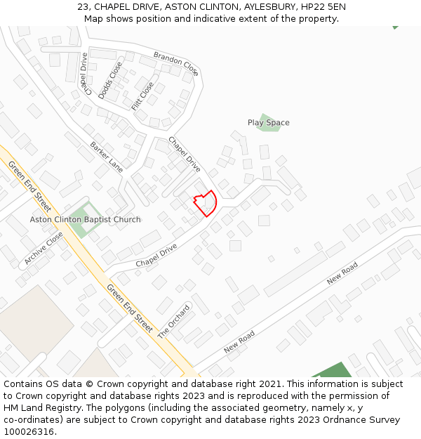 23, CHAPEL DRIVE, ASTON CLINTON, AYLESBURY, HP22 5EN: Location map and indicative extent of plot