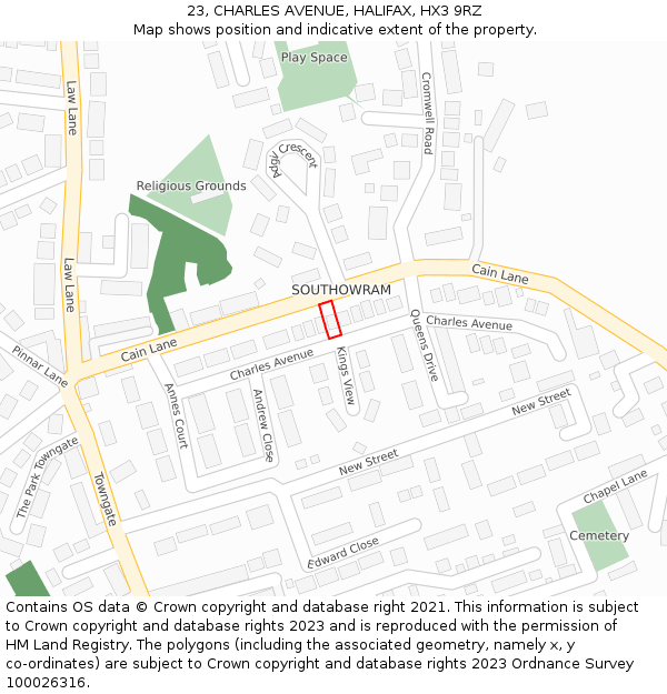 23, CHARLES AVENUE, HALIFAX, HX3 9RZ: Location map and indicative extent of plot