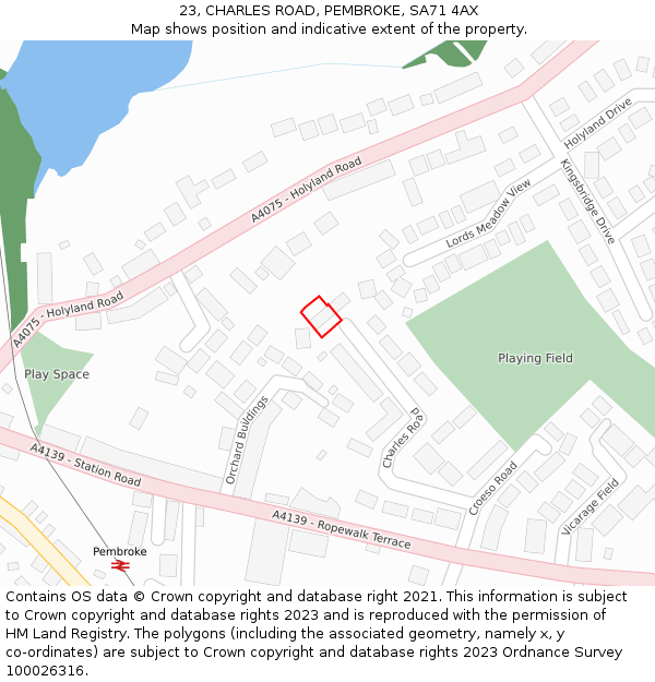 23, CHARLES ROAD, PEMBROKE, SA71 4AX: Location map and indicative extent of plot