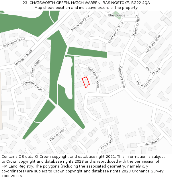 23, CHATSWORTH GREEN, HATCH WARREN, BASINGSTOKE, RG22 4QA: Location map and indicative extent of plot