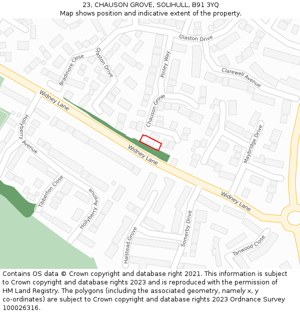 23, CHAUSON GROVE, SOLIHULL, B91 3YQ: Location map and indicative extent of plot