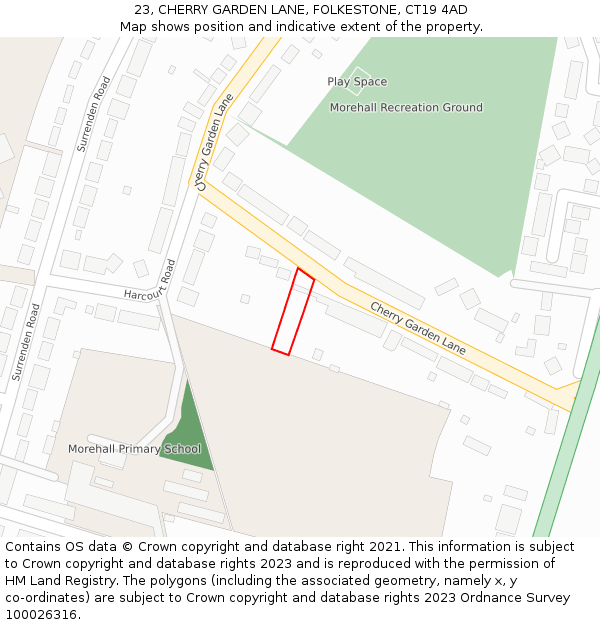 23, CHERRY GARDEN LANE, FOLKESTONE, CT19 4AD: Location map and indicative extent of plot