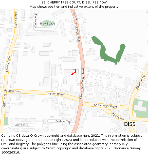 23, CHERRY TREE COURT, DISS, IP22 4QW: Location map and indicative extent of plot