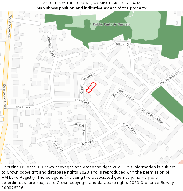 23, CHERRY TREE GROVE, WOKINGHAM, RG41 4UZ: Location map and indicative extent of plot