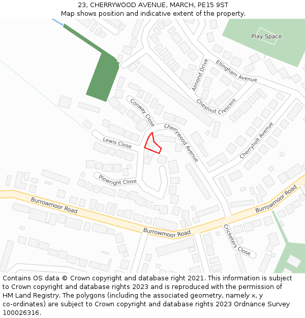 23, CHERRYWOOD AVENUE, MARCH, PE15 9ST: Location map and indicative extent of plot