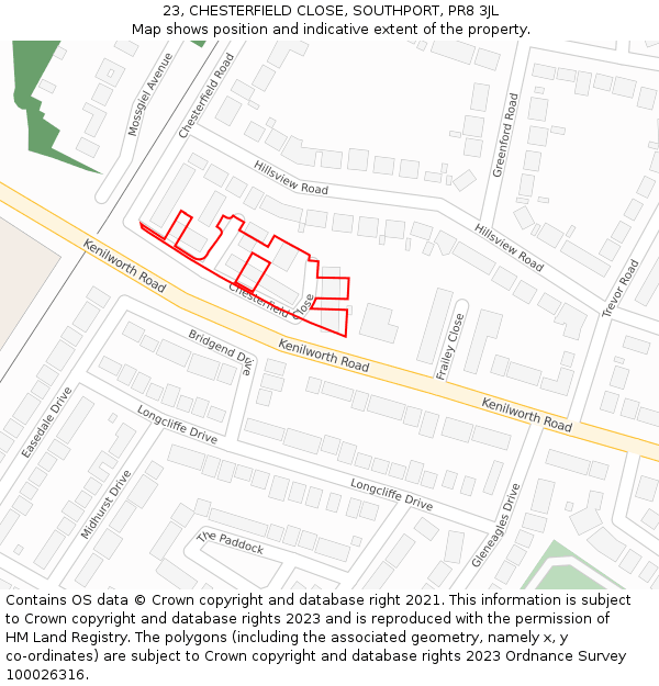 23, CHESTERFIELD CLOSE, SOUTHPORT, PR8 3JL: Location map and indicative extent of plot