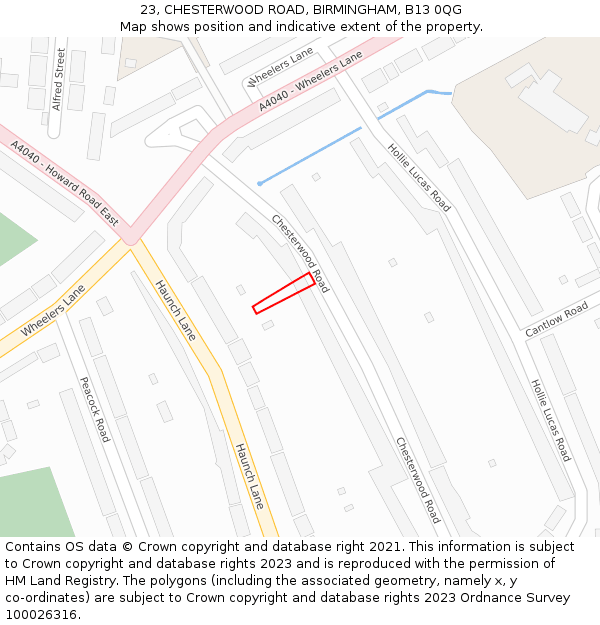 23, CHESTERWOOD ROAD, BIRMINGHAM, B13 0QG: Location map and indicative extent of plot
