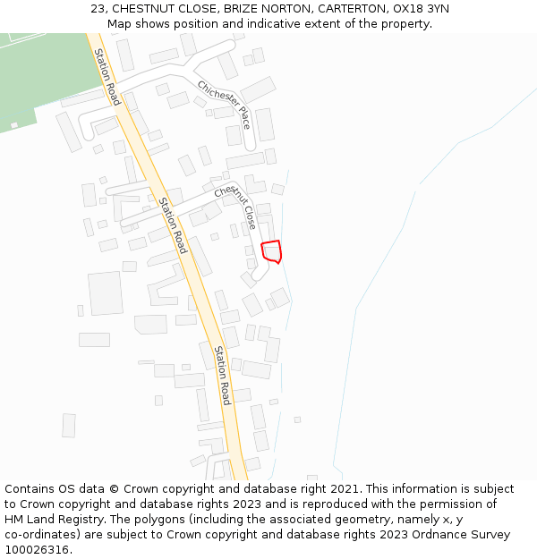 23, CHESTNUT CLOSE, BRIZE NORTON, CARTERTON, OX18 3YN: Location map and indicative extent of plot